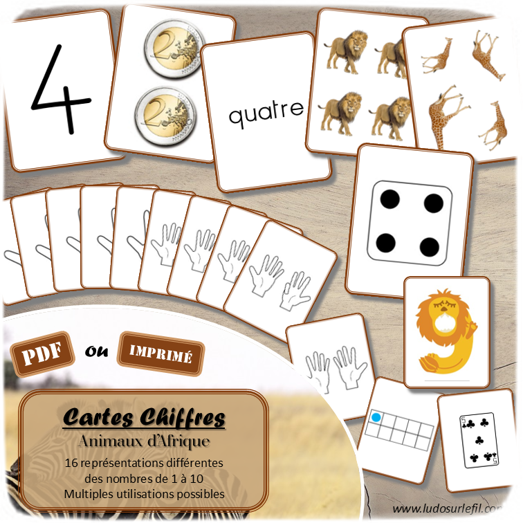 Cartes Chiffres - Thème Animaux de la savane et d'Afrique - Jeu d'association différentes représentations des nombres de 1 à 10 - 16 représentations différentes pour travailler différentes compétences - Chiffres, écrit en lettres (cursif, script et majuscule), quantité objets, constellations dé, doigts main, cartes à jouer, jetons dans boite, anglais, pièces, ... - File numérique de 1 à 10 - Comparaison de quantité - Mémo ou affichage classe - jeu de memory ou bataille - Atelier autonome et autocorrectif maternelle et cycle 2 (CP) - IEF - PDF à télécharger et imprimer ou jeu imprimé - version cartes facile à découper - Mathématiques - Animaux de la savane et d'Afrique, été - lslf