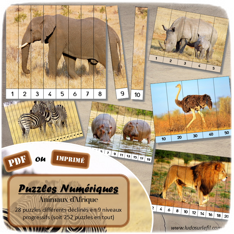 Jeu Puzzles numériques - Animaux de la savane et d'Afrique - 28 puzzles en 9 niveaux progressifs - Suite numérique de 1 à 20 - Comptage de 2 en 2 - Chiffres pairs et impairs - Comptage de 10 en 10 - Connaissance Chiffres et Dizaines - Mathématiques - Comptine numérique - mammifères, oiseaux, reptiles... Animaux d'Afrique, de la savane du désert, été - Atelier autonome maternelle et élémentaire - PDF à télécharger et imprimer ou jeu imprimé - cycles 1 ou 2 - lslf