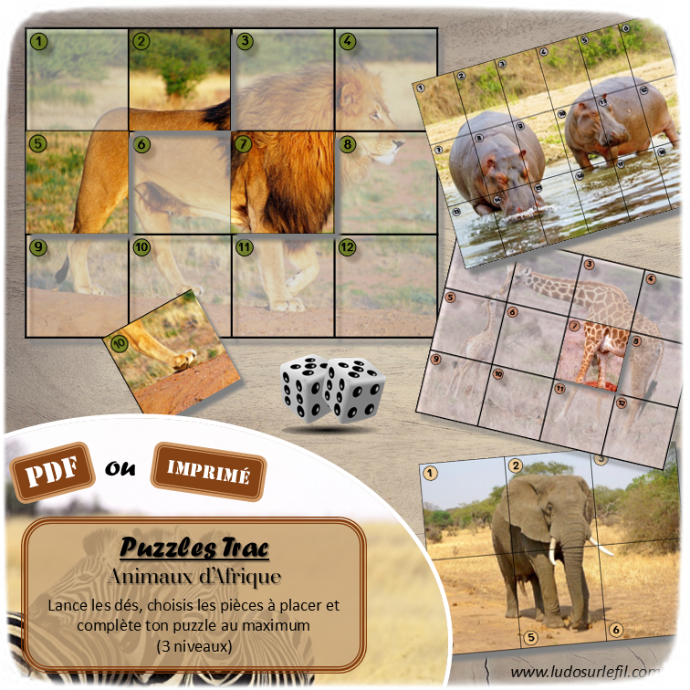 Jeu Puzzles Trac - Animaux de la savane et d'Afrique - inspiré du célèbre Shut the box - Fermer la boîte - Trac - lance les dés, choisis les pièces et complète ton puzzle au maximum - Mathématiques, constellations, dénombrement, additions, décomposition additive, stratégie, probabilité, différentes représentations nombre - Jeu de société en 3 niveaux progressifs - de 1 à 18 - Atelier maternelle et élémentaire - PDF à télécharger et imprimer ou jeu imprimé - cycles 1 ou 2 - calcul - Animaux d'Afrique et de la savane, été, mammifères, reptiles, oiseaux... - lslf