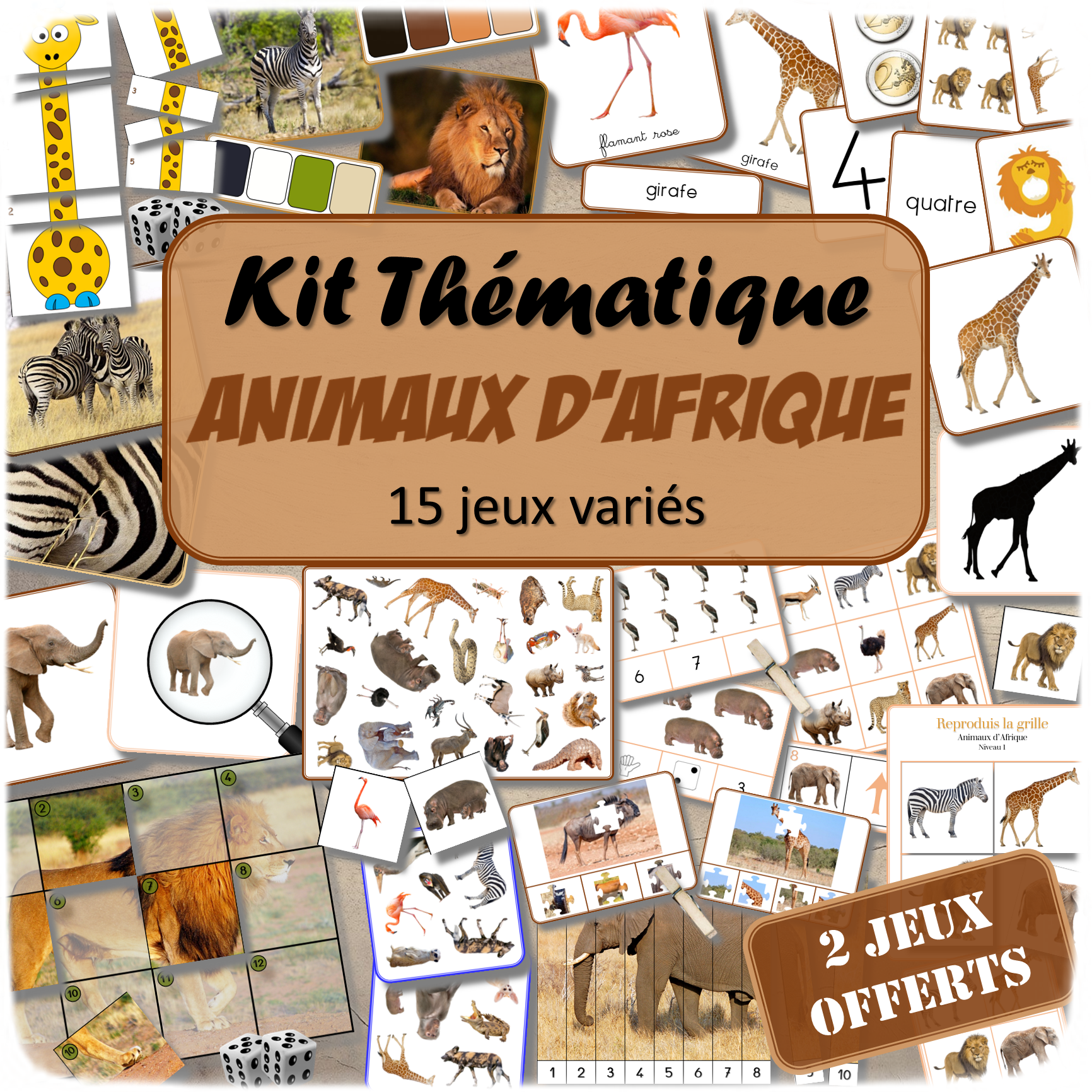 Kit thématique - Animaux d'Afrique et de la savane - 15 jeux variés pour le prix de 13 - 2 jeux offerts - Jeux pédagogiques, éducatifs et ludiques - Atelier autonome Maternelle (Cycle 1) et Primaire (Cycle 2 et 3) - PDF à télécharger et à imprimer - Difficulté progressive et différents niveaux pour la différenciation - Tarif préférentiel, réduction - Thèmes animaux de la savane, du désert, d'Afrique, été - lslf