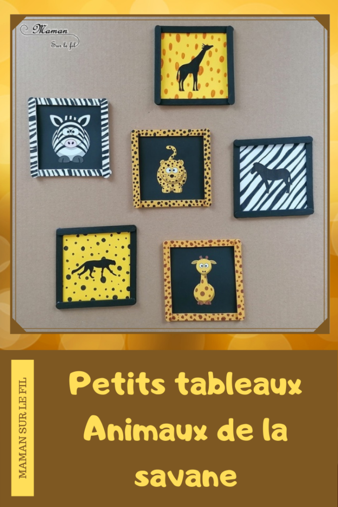 Activité créative et manuelle enfants - Fabriquer des petits tableaux aux couleurs des animaux de la savane - Pelage zèbre, girafe et guépard - Peinture et bâtonnets de glace en bois - Récup et bricolage - Tâches, points et rayures - Jeu sur couleurs et noir - Deux façons - Graphisme - créativité - DIY - Fait maison - Afrique et Kenya - Découverte d'un pays - Espace et géographie - arts visuels et atelier maternelle et Cycles 1, 2 ou 3 - Eté - mslf