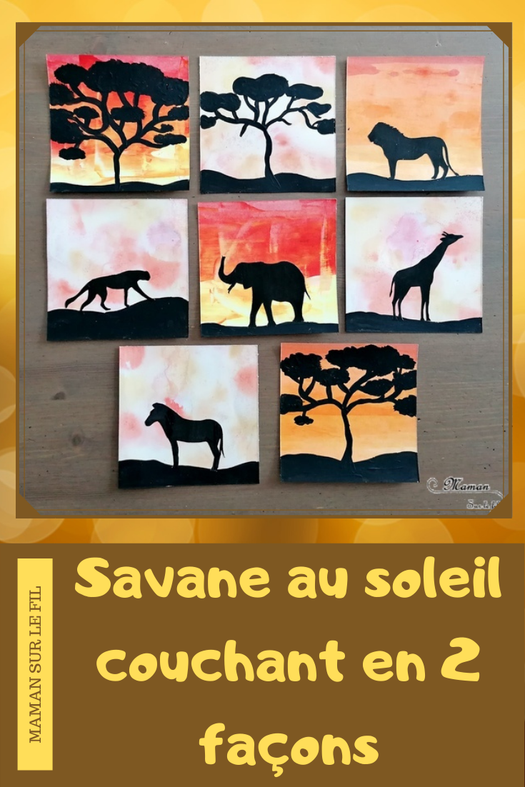 Activité créative et manuelle enfants - Peindre des petits carrés créatifs aux couleurs de la savane au coucher du soleil - Animaux et Arbre - Peinture à la raclette et aquarelle - Girafe, Eléphant, Zèbre, Guépard, Lion - Découpage - Collage - Techniques de peinture - Jeu sur couleurs et noir - Deux façons - créativité - DIY - Fait maison - Afrique et Kenya - Découverte d'un pays - Espace et géographie - arts visuels et atelier maternelle et Cycles 1, 2 - Projet collaboratif pour les services pédiatriques des hôpitaux - Eté - mslf