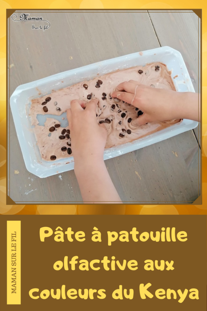 Activité sensorielle enfants - pâte à patouille olfactive aux couleurs du Kenya - Odorat, toucher et vue - eau maïzena chocolat en poudre et grains de café - expérience sensorielle - fluide non newtonien - liquide solide - Bac sensoriel pour Découverte pays - Afrique et Kenya - Tour du monde et géographie - Sciences - mslf