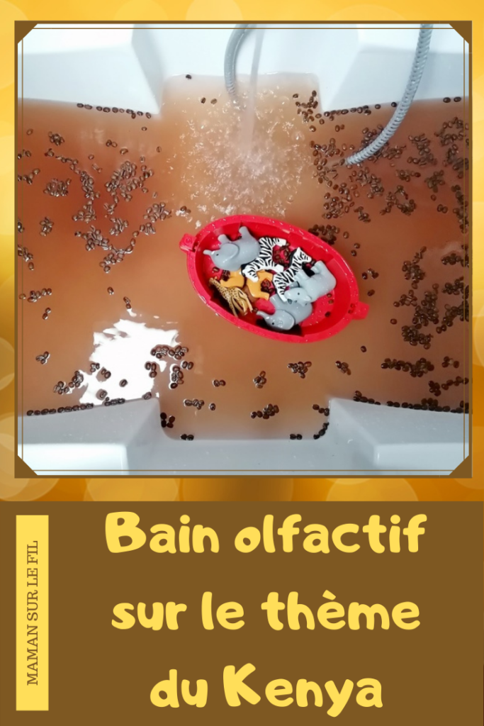 Activité enfants - bain sensoriel et olfactif sur le thème de l'Afrique et du Kenya - Olfactif avec du chocolat en poudre et grains de café - Jeu, imagination, invitation à jouer avec animaux de la savane Playmobil et bateau - Mousse à la vanille - motricité fine avec passoire et épuisette - Découverte d'un pays - Géographie - mslf