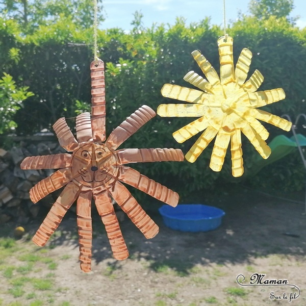 Fabriquer un soleil et un lion en bouteilles en plastique recyclées - Attrape Lumière, décorations et suspensions pour le jardin - Recyclage, Récup', Découpage, Peinture - été et météo - Bricolage Tête et crinière de lion - Recyclage - Surcyclage - Afrique et Kenya - Animaux de la savane - Découverte d'un pays autour du monde - activité créative et manuelle enfants - Bricolage Eté - Tutoriel - Arts visuels maternelle et élémentaire - Cycles 1 et 2 - mslf