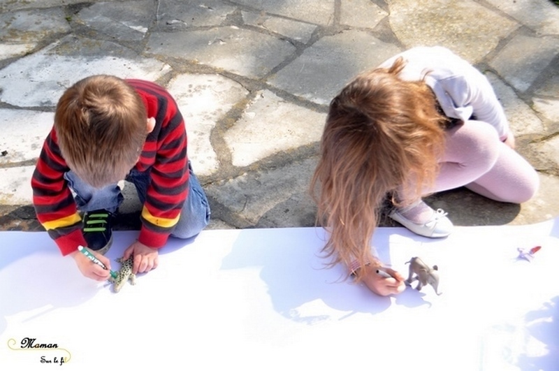 Activité créative enfants - Dessiner avec le soleil, la lumière et les ombres - dessin des animaux de la savane, de Mickey, de figurines divers, du corps humain - Sciences, expériences et observation - Dessin et créativité - découverte de l'Afrique et du Kenya - Activité extérieure printemps ou été - Découverte d'un pays - Géographie - mslf