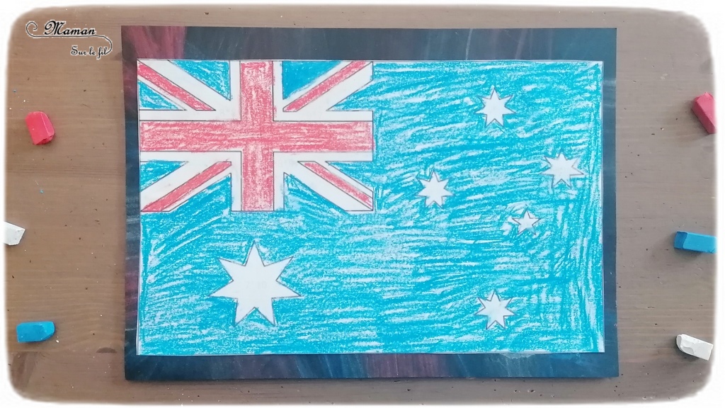 Activité créative et manuelle enfants - Reproduire le drapeau australien en coloriage magique aux pastels - réviser ou apprendre les tables de multiplication en s'amusant - éducatif et ludique - Créativité - Océanie et Australie - Découverte d'un pays - Espace et géographie - arts visuels et atelier Cycle 2 et 3 - Eté - mslf