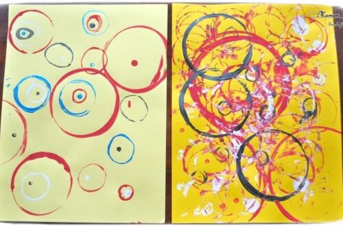 Activité créative et manuelle enfants - Peinture de quelques cercles et ronds à la façon de Vassili Kandinsky - Objets du quotidien comme tampon - géométrie - Formes géométriques, tri par taille - cercles concentriques - A la manière de - Peinture et artiste - Travail sur les couleurs - Découverte d'un artiste Mesure - Pointillisme - Arts visuels maternelle ou cycle 2 - mslf