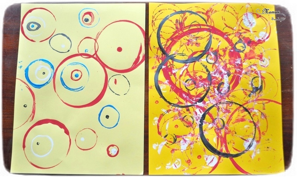 Activité créative et manuelle enfants - Peinture de quelques cercles et ronds à la façon de Vassili Kandinsky - Objets du quotidien comme tampon - géométrie - Formes géométriques, tri par taille - cercles concentriques - A la manière de - Peinture et artiste - Travail sur les couleurs - Découverte d'un artiste Mesure - Pointillisme - Arts visuels maternelle ou cycle 2 - mslf