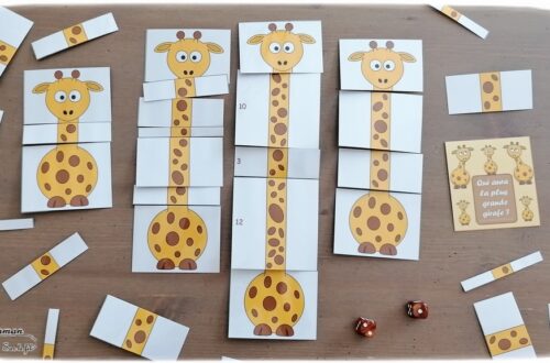 Activité enfants - Qui aura la plus grande girafe ? - Jeu à imprimer DIY sur les animaux de la savane, girafes, Kenya et Afrique - Jeu de dés, de dénombrement, de calcul, additions, représentations des chiffres, constellations, différents niveaux - Chiffres de 1 à 12 - Atelier maternelle et élémentaire - Notions de longueurs - A télécharger ou jeu imprimé - Boutique en ligne - Jeux pédagogiques - Documents éducatifs numériques - Découverte d'un pays - Animaux de la savane - Espace et géographie - Cycle 1 et 2 - Eté - mslf