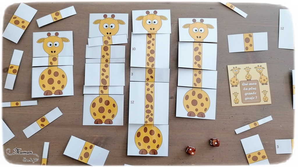 Activité enfants - Qui aura la plus grande girafe ? - Jeu à imprimer DIY sur les animaux de la savane, girafes, Kenya et Afrique - Jeu de dés, de dénombrement, de calcul, additions, représentations des chiffres, constellations, différents niveaux - Chiffres de 1 à 12 - Atelier maternelle et élémentaire - Notions de longueurs - A télécharger ou jeu imprimé - Boutique en ligne - Jeux pédagogiques - Documents éducatifs numériques - Découverte d'un pays - Animaux de la savane - Espace et géographie - Cycle 1 et 2 - Eté - mslf