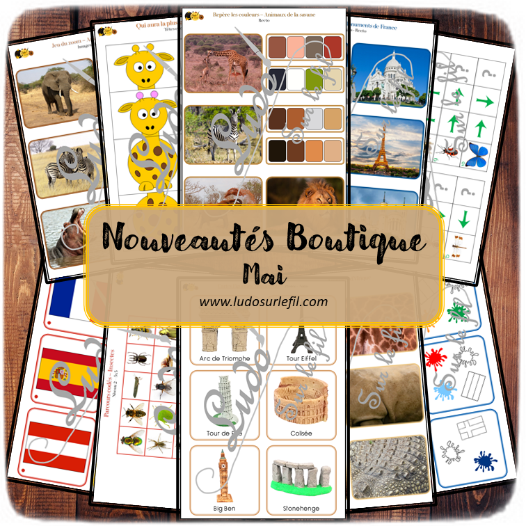 Nouveautés de mai - Boutique en ligne Ludo sur le fil - fichiers jeux pdf à télécharger et imprimer - Printemps, animaux et insectes, été et animaux de la savane dont girafes, drapeaux et monuments France, Europe et Monde - Géographie - parcours codés, dénombrement, mathématiques, jeu du zoom, repère les couleurs, association, cartes classifiées et nomenclature type Montessori - mslf