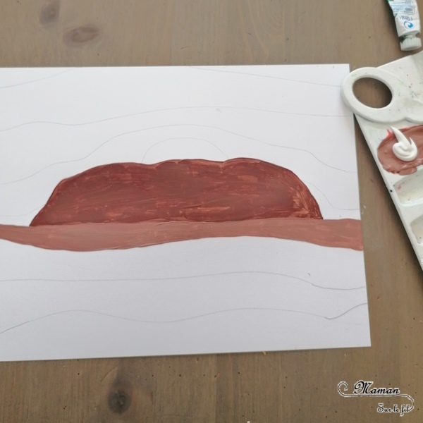 Activité créative et manuelle enfants - Ayer Rocks du site Uluru en dégradé de peinture - technique avec ajout de blanc - Rocher sacré de la culture aborigène - Coucher soleil - Peinture - - Découverte d'une technique artistique - Créativité - Océanie et Australie - Découverte d'un pays - Espace et géographie - arts visuels et atelier maternelle, Cycle 1, 2 et 3 - Eté - mslf