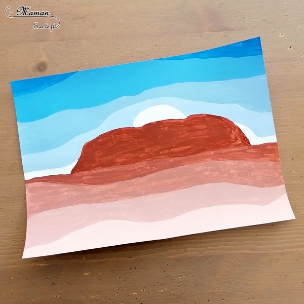 Activité créative et manuelle enfants - Ayer Rocks du site Uluru en dégradé de peinture - technique avec ajout de blanc - Rocher sacré de la culture aborigène - Coucher soleil - Peinture - - Découverte d'une technique artistique - Créativité - Océanie et Australie - Découverte d'un pays - Espace et géographie - arts visuels et atelier maternelle, Cycle 1, 2 et 3 - Eté - mslf