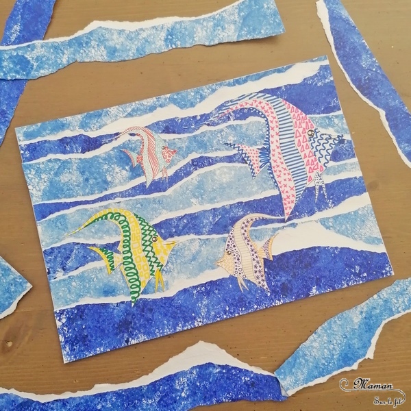 Activité créative et manuelle enfants - Fond de mer et vagues en papier peint à l'éponge et déchiré - Poissons tropicaux en graphisme - Découpage collage - Océan et barrière de corail - Peinture - Créativité - Océanie et Australie - Découverte d'un pays - Espace et géographie - arts visuels et atelier maternelle, Cycle 1, 2 et 3 - Eté - mslf