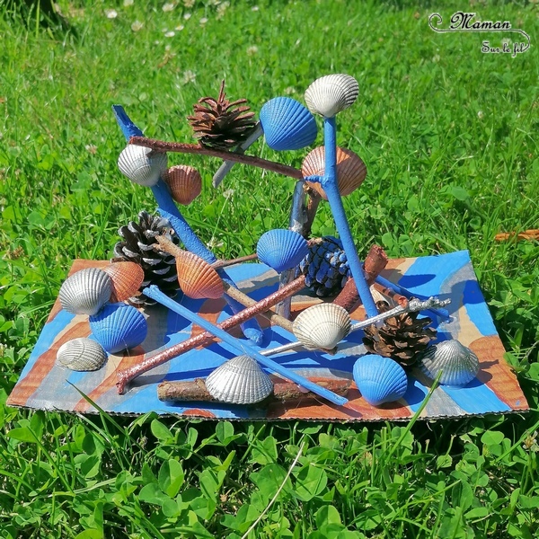 Activité créative et manuelle enfants - Land Art et Nature - Sculpture 3D avec des éléments de la nature peints - Bâtons de bois, Pommes de pins, coquillages - récup et carton - Peinture et collage libre - Entre été et automne - Créativité - arts visuels en relief et atelier maternelle, Cycle 1, 2 et 3 - Bricolage, décoration DIY - Fait Maison - mslf