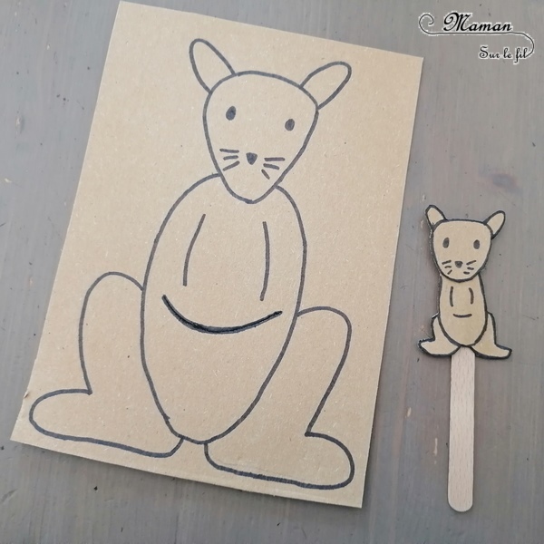 Activité créative et manuelle enfants - Carte à manipuler DIY Kangourou maman et son bébé - Récup', Carton, bâtonnet de glace - Poche - Découverte de l'australie, l'océanie, l'art aborigène - Graphisme et couleurs chaudes - Bébé et Poche en carton de récup' - colis - Invitation à jouer fait maison sur l'Australie - Dessin - Animaux australiens, de la steppe et de la savane - Créativité - Découverte d'un pays - Espace et géographie - arts visuels et atelier maternelle , Cycle 1, 2 et 3 - Eté - mslf