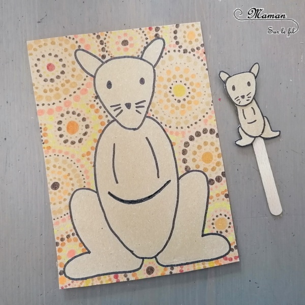 Activité créative et manuelle enfants - Carte à manipuler DIY Kangourou maman et son bébé - Récup', Carton, bâtonnet de glace - Poche - Découverte de l'australie, l'océanie, l'art aborigène - Graphisme et couleurs chaudes - Bébé et Poche en carton de récup' - colis - Invitation à jouer fait maison sur l'Australie - Dessin - Animaux australiens, de la steppe et de la savane - Créativité - Découverte d'un pays - Espace et géographie - arts visuels et atelier maternelle , Cycle 1, 2 et 3 - Eté - mslf