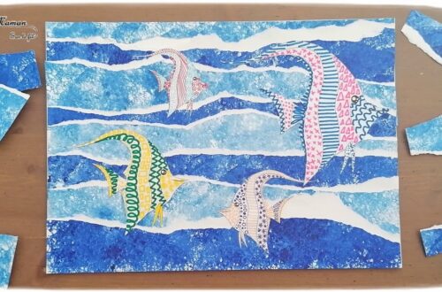 Activité créative et manuelle enfants - Fond de mer et vagues en papier peint à l'éponge et déchiré - Poissons tropicaux en graphisme - Découpage collage - Océan et barrière de corail - Peinture - Créativité - Océanie et Australie - Découverte d'un pays - Espace et géographie - arts visuels et atelier maternelle, Cycle 1, 2 et 3 - Eté - mslf