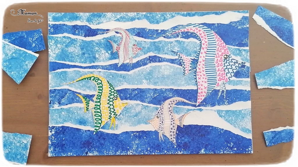 Activité créative et manuelle enfants - Fond de mer et vagues en papier peint à l'éponge et déchiré - Poissons tropicaux en graphisme - Découpage collage - Océan et barrière de corail - Peinture - Créativité - Océanie et Australie - Découverte d'un pays - Espace et géographie - arts visuels et atelier maternelle, Cycle 1, 2 et 3 - Eté - mslf