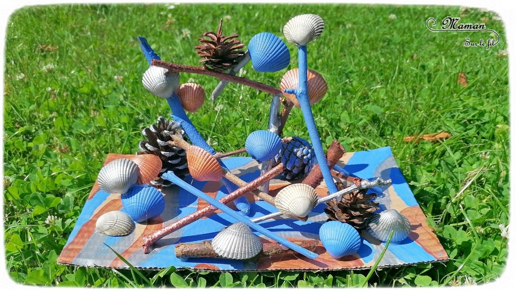 Activité créative et manuelle enfants - Land Art et Nature - Sculpture 3D avec des éléments de la nature peints - Bâtons de bois, Pommes de pins, coquillages - récup et carton - Peinture et collage libre - Entre été et automne - Créativité - arts visuels en relief et atelier maternelle, Cycle 1, 2 et 3 - Bricolage, décoration DIY - Fait Maison - mslf