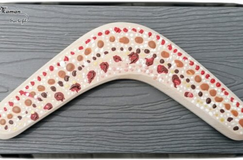 Activité créative et manuelle enfants - Décorer un boomerang en bois - Peinture façon aborigène - Peindre en pointillisme avec des couleurs chaudes - Kit Dots - Points et cercles - Créativité - Océanie et Australie - Découverte d'un pays - Espace et géographie - arts visuels et atelier maternelle , Cycle 1, 2 et 3 - Eté - mslf