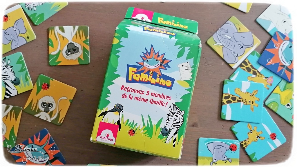 Jeu de société enfants et adultes - Faminimo des éditions Mattika - Jeu de memory et de mémoire rigolo - Variante familiale - famille de 3 animaux - piège avec le requin - 4 ans et plus - partie facile et rapide - Jeu de cartes - Parfait à emporter - Jeu de voyage - Test et avis - mslf