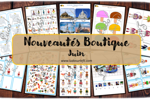 Nouveautés de juin - Boutique en ligne Ludo sur le fil - fichiers jeux pdf à télécharger et imprimer - Eté, glaces et Playmobil - Géographie, monuments Europe, Régions et départements de France - jeu mathématiques, livret enquête, classement, tri, rangement, par taille, jeu de batailles, chasse aux parcours codés, dénombrement, mathématiques, jeu du zoom, cartes classifiées et nomenclature type Montessori, chasse aux 100, puzzles, tableaux double entrée, cherche et trouve, - mslf