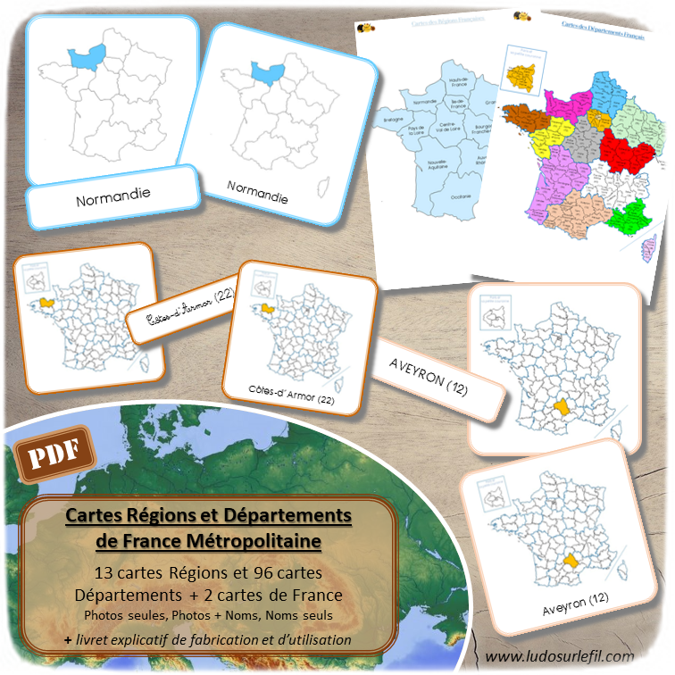 Cartes type Montessori - Nomenclature, classifiées et tickets de lecture des départements et régions françaises - Géographie de France - jeu éducatif à imprimer ou imprimé - atelier autocorrectif maternelle ou cycle 2 - vocabulaire et lexique - découverte géographie - lslf