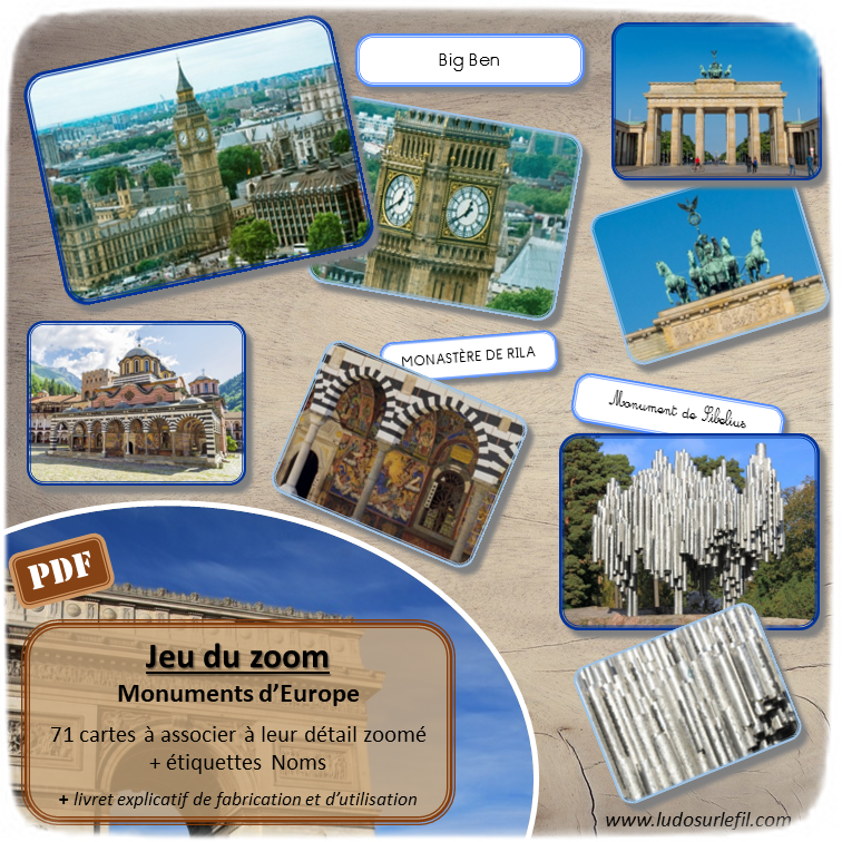 Jeu du zoom - Monuments Europe - Géographie et pays d'Europe - jeu à imprimer ou imprimé - atelier autocorrectif maternelle ou cycle 2 - vocabulaire et lexique - découverte géographie - lslf