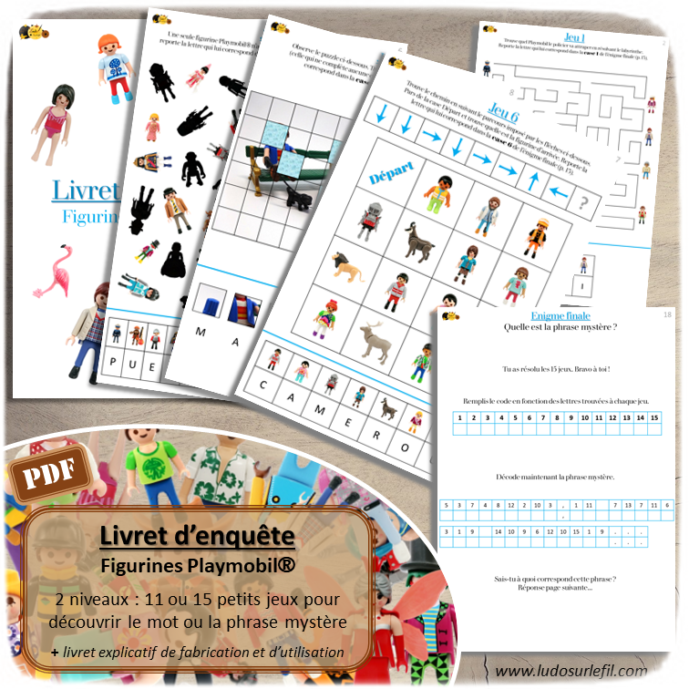 Livret enquête Playmobil - cahier activités - Plusieurs mini-jeux - multi-jeux - 11 ou 15 jeux pour trouver énigme - phrase ou mot mystère codé - 2 niveaux - Maternelle, cycle 1, 2 ou 3 - Jeu à télécharger et à imprimer  ou jeu imprimé - Format PDF - lslf