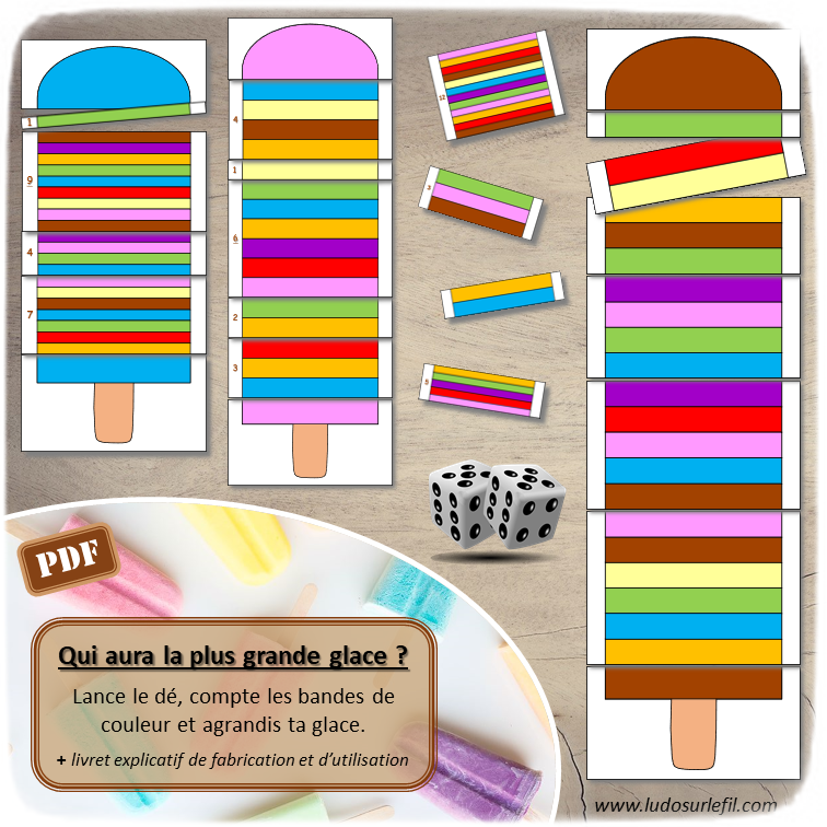 Jeu à imprimer - Qui aura la plus grande glace - Lance le dé, compte les points et agrandis la glace du bon nombre de bandes - Jeu de dénombrement et de mathématiques - Travail sur les longueurs - Différentes représentation des chiffres - Additions et dénombrement jusqu'à 12 - Maternelle et Cycle 2 - Boutique en ligne de jeux à télécharger et à imprimer - Fichier PDF - Ludo sur le fil