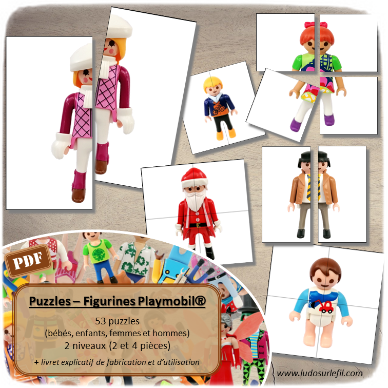 Puzzles de mise en paire Playmobil - 2 niveaux progressifs - 2 ou 4 pièces - Discrimination visuelle, jeu d'association - Atelier maternelle - Jeu à télécharger et à imprimer  ou jeu imprimé - Format PDF - lslf