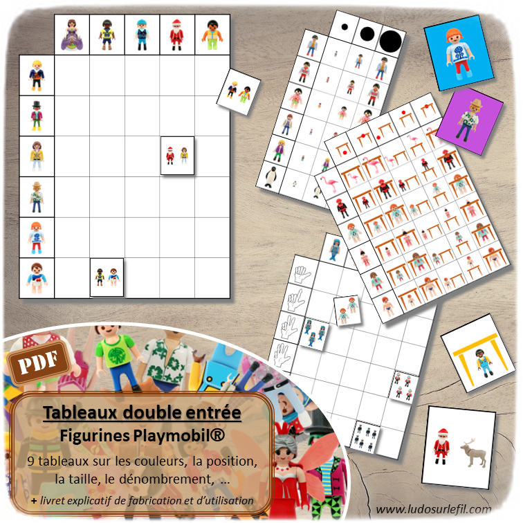 9 Tableaux double entrée sur le thème Playmobil - différentes compétences : association, discrimination visuelle, dénombrement, couleurs, vocabulaire spatial, position, taille... - Atelier maternelle et cycle 2 - autocorrectif- Jeu à télécharger et à imprimer - Format PDF - lslf