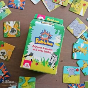 Jeu de société enfants et adultes - Faminimo des éditions Mattika - Jeu de memory et de mémoire rigolo - Variante familiale - famille de 3 animaux - piège avec le requin - 4 ans et plus - partie facile et rapide - Jeu de cartes - Parfait à emporter - Jeu de voyage - Test et avis - mslf