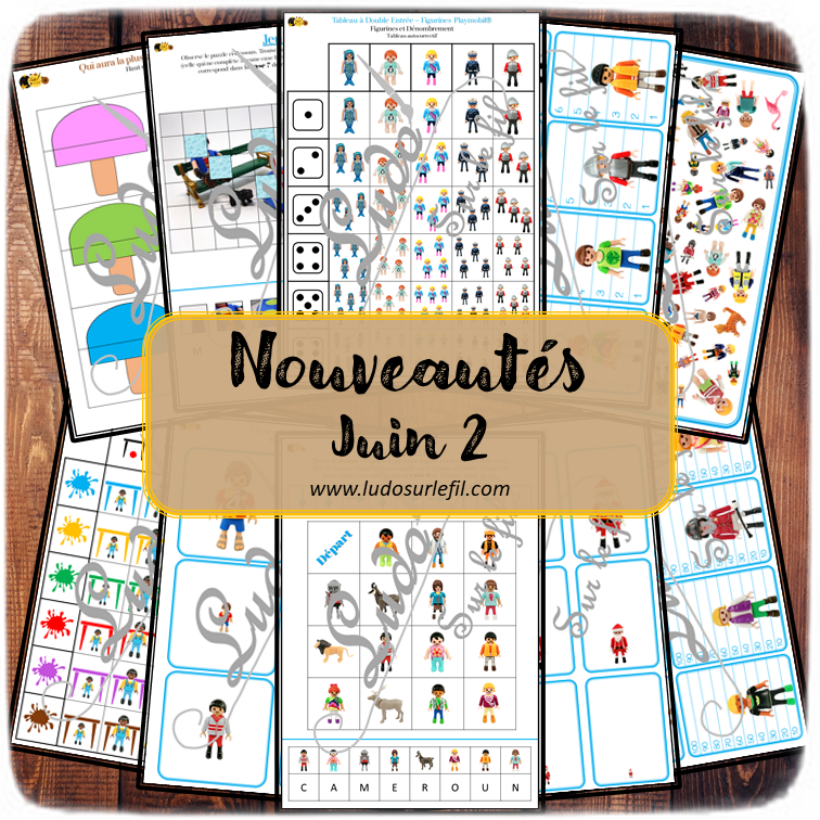 Nouveautés de juin - Boutique en ligne Ludo sur le fil - fichiers jeux pdf à télécharger et imprimer - Eté, glaces et Playmobil - Géographie, monuments Europe, Régions et départements de France - jeu mathématiques, livret enquête, classement, tri, rangement, par taille, jeu de batailles, chasse aux parcours codés, dénombrement, mathématiques, jeu du zoom, cartes classifiées et nomenclature type Montessori, chasse aux 100, puzzles, tableaux double entrée, cherche et trouve, - mslf