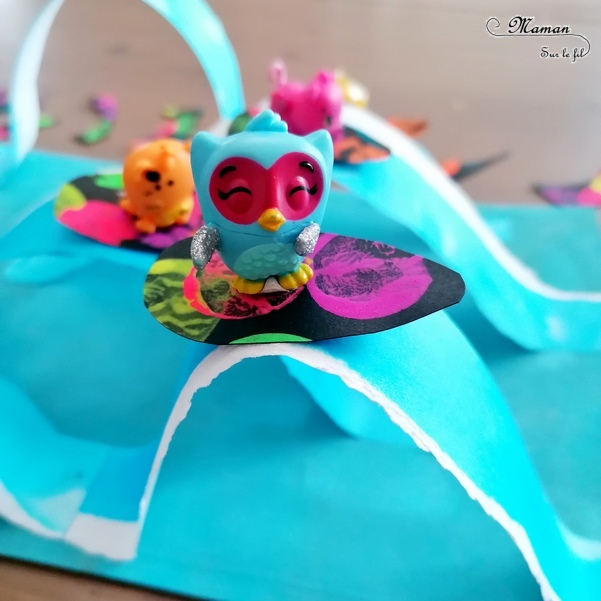 Activité créative et manuelle enfants - Mer, océan et vagues en 3D en papier déchiré et peint à l'encre - Surfs noirs en peinture fluo au bouchon - Surfeurs Hatchimals - Découpage collage - Océan et barrière de corail - Peinture - Créativité - Océanie et Australie - Découverte d'un pays - Espace et géographie - arts visuels et atelier maternelle, Cycle 1, 2 et 3 - Eté - mslf