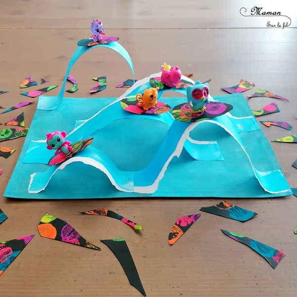 Activité créative et manuelle enfants - Mer, océan et vagues en 3D en papier déchiré et peint à l'encre - Surfs noirs en peinture fluo au bouchon - Surfeurs Hatchimals - Découpage collage - Océan et barrière de corail - Peinture - Créativité - Océanie et Australie - Découverte d'un pays - Espace et géographie - arts visuels et atelier maternelle, Cycle 1, 2 et 3 - Eté - mslf