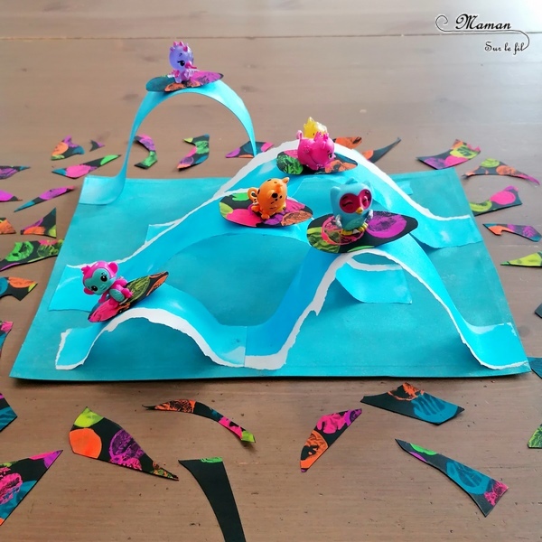 Activité créative et manuelle enfants - Mer, océan et vagues en 3D en papier déchiré et peint à l'encre - Surfs noirs en peinture fluo au bouchon - Surfeurs Hatchimals - Découpage collage - Océan et barrière de corail - Peinture - Créativité - Océanie et Australie - Découverte d'un pays - Espace et géographie - arts visuels et atelier maternelle, Cycle 1, 2 et 3 - Eté - mslf