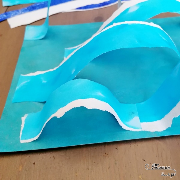 Activité créative et manuelle enfants - Mer, océan et vagues en 3D en papier déchiré et peint à l'encre - Surfs noirs en peinture fluo au bouchon - Surfeurs Hatchimals - Découpage collage - Océan et barrière de corail - Peinture - Créativité - Océanie et Australie - Découverte d'un pays - Espace et géographie - arts visuels et atelier maternelle, Cycle 1, 2 et 3 - Eté - mslf