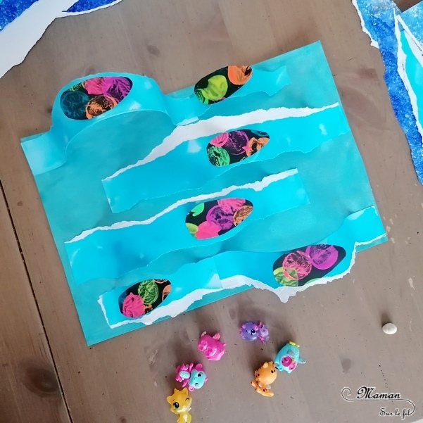 Activité créative et manuelle enfants - Mer, océan et vagues en 3D en papier déchiré et peint à l'encre - Surfs noirs en peinture fluo au bouchon - Surfeurs Hatchimals - Découpage collage - Océan et barrière de corail - Peinture - Créativité - Océanie et Australie - Découverte d'un pays - Espace et géographie - arts visuels et atelier maternelle, Cycle 1, 2 et 3 - Eté - mslf