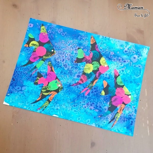 Activité créative et manuelle enfants - Fond de mer en encre et gros sel - Poissons tropicaux ou exotiques fluos en peinture au bouchon - Découpage collage - Océan et barrière de corail - Peinture - Créativité - Océanie et Australie - Découverte d'un pays - Espace et géographie - arts visuels et atelier maternelle, Cycle 1, 2 et 3 - Eté - mslf