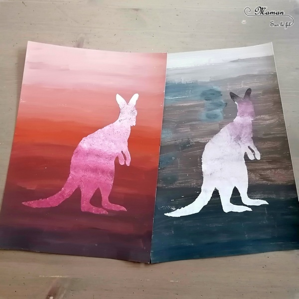 Activité créative et manuelle enfants - Kangourou en dégradé de couleurs - peinture - Couleurs chaudes - Animaux australiens - technique avec ajout de blanc et de noir - Découverte d'une technique artistique - Créativité - Océanie et Australie - Découverte d'un pays - Espace et géographie - arts visuels et atelier maternelle, Cycle 1, 2 et 3 - Eté - mslf