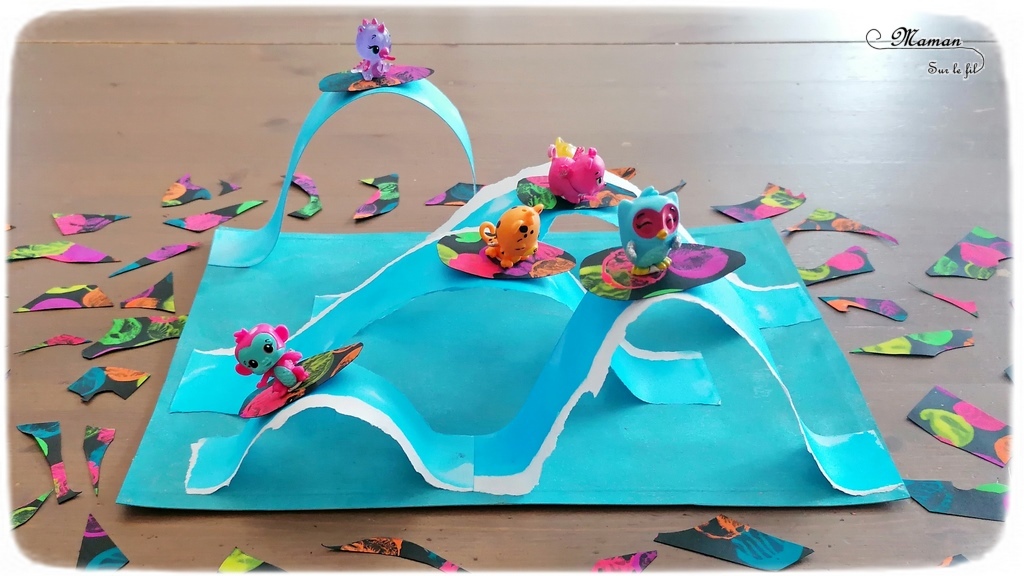 Activité créative et manuelle enfants - Mer, océan et vagues en 3D en papier déchiré et peint à l'encre - Surfs noirs en peinture fluo au bouchon - Surfeurs Hatchimals - Découpage collage - Océan et barrière de corail - Peinture - Créativité - Océanie et Australie - Découverte d'un pays - Espace et géographie - arts visuels et atelier maternelle, Cycle 1, 2 et 3 - Eté - mslf