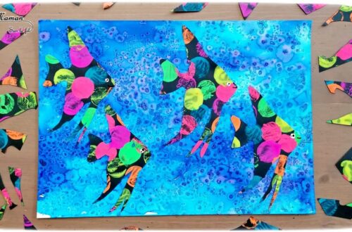 Activité créative et manuelle enfants - Fond de mer en encre et gros sel - Poissons tropicaux ou exotiques fluos en peinture au bouchon - Découpage collage - Océan et barrière de corail - Peinture - Créativité - Océanie et Australie - Découverte d'un pays - Espace et géographie - arts visuels et atelier maternelle, Cycle 1, 2 et 3 - Eté - mslf