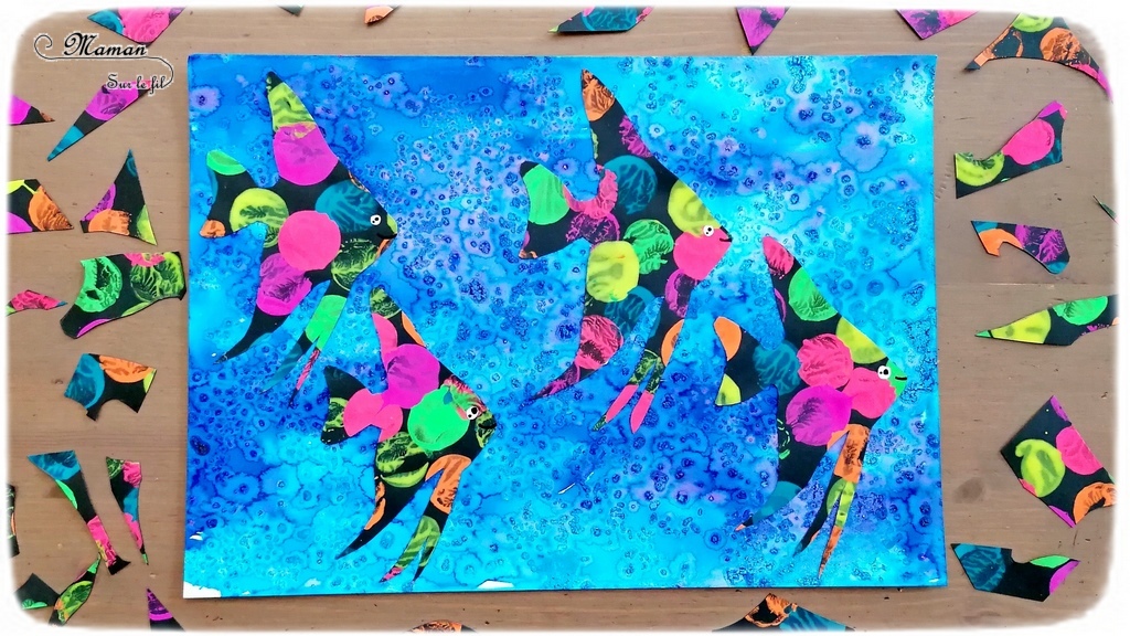 Activité créative et manuelle enfants - Fond de mer en encre et gros sel - Poissons tropicaux ou exotiques fluos en peinture au bouchon - Découpage collage - Océan et barrière de corail - Peinture - Créativité - Océanie et Australie - Découverte d'un pays - Espace et géographie - arts visuels et atelier maternelle, Cycle 1, 2 et 3 - Eté - mslf