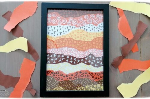 Activité créative et manuelle enfants - Tableau Art aborigène en papier déchiré et graphismes - Collage et couleurs chaudes - Découverte d'un art particulier - Dessin - Créativité - Océanie et Australie - Découverte d'un pays - Espace et géographie - arts visuels et atelier maternelle, Cycle 1, 2 et 3 - Eté - mslf