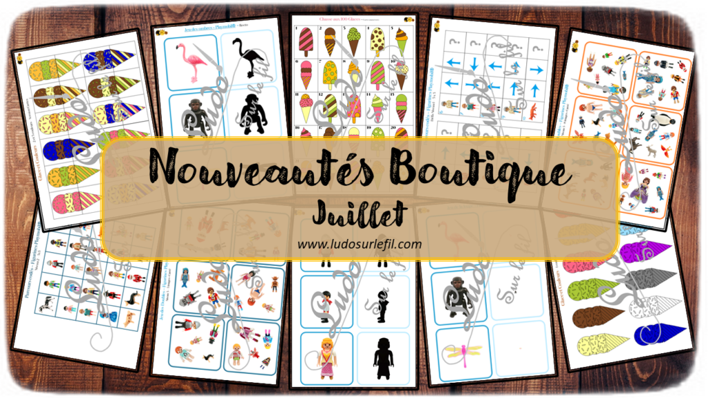 Nouveautés de juillet - Boutique en ligne Ludo sur le fil - fichiers jeux pdf à télécharger et imprimer - Eté, glaces et Playmobil - Bonhommes et Animaux - jeu mathématiques, Dobble, jeu des doubles, ombres, loupe, mini, couleurs, chasse aux 100, parcours codés, codage - mslf