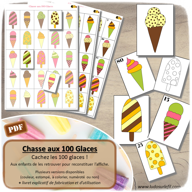 Chasse aux 100 glaces - Couleurs - jeu à imprimer - Jeu de recherche et de patience - discrimination visuelle - thème été - lslf