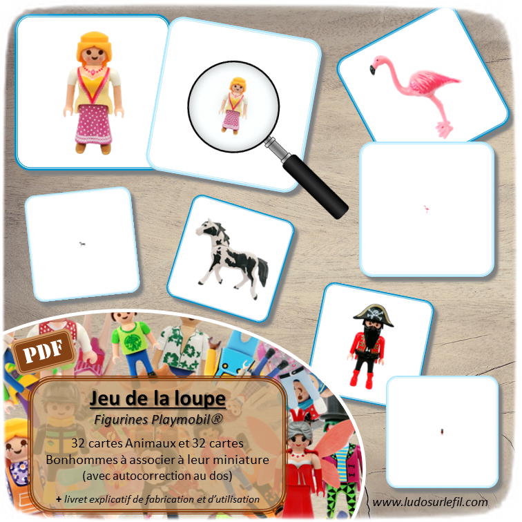 Jeu de la loupe - Figurines Playmobil - Bonhommes et animaux - jeu à imprimer ou imprimé - atelier autocorrectif maternelle ou cycle 2 - vocabulaire et lexique - Utilisation de la loupe - discrimination visuelle - lslf